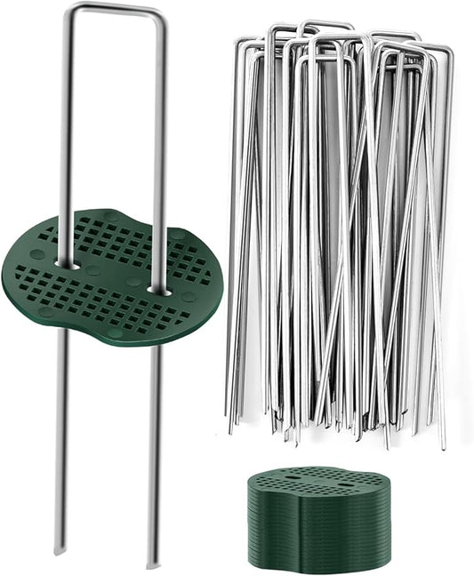 GROWNEER 50 Pack Galvanized Landscape Staples 6 inch 11 Gauge Garden Staples and 50 Pack Gasket U-Shaped Tent Stakes SOD Pins Yard Stakes for Securing Weed Fabric Barrier Ground Cover Fence