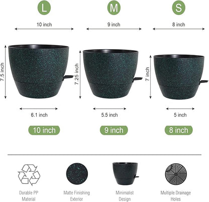 10/9/8 inch Self Watering Pots, Set of 3 Plastic Planters with Mesh Drainage Holes and Deep Reservoir for Indoor Outdoor Garden Plants and Flowers, Black with Green Speckles