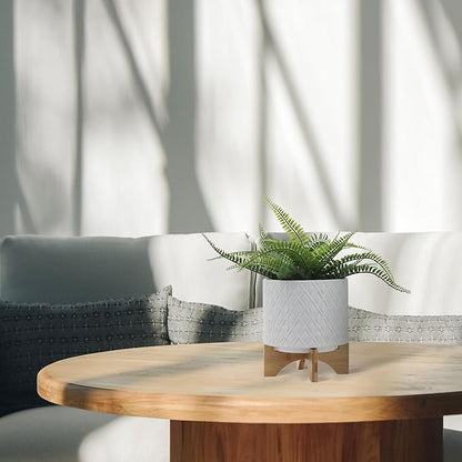 8" Ceramic Planter Stand, White Diamond Design with Wooden Base, Indoor/Outdoor Planter with Stand for Your Succulents and Small Plants