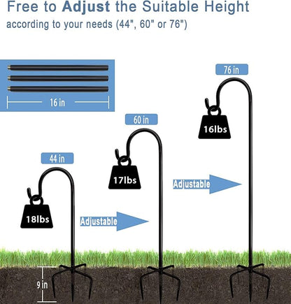 76 inch Outdoor Shepherd Hook with 5 Prong Base (2 Packs), Adjustable Heavy Duty Garden Hanging Stake for Bird Feeder Solar Light Plant Hanger Wedding Decor, Matte Black