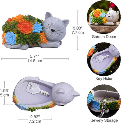 Outdoor Cat Key Hider Statue - Cute Succulent Cat Hide a Key Outdoor Decorative - Small Gift Box for Women, Home Decor & Cat Gifts (Cat)