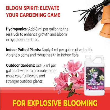 Bloom Fertilizer - Perfect Liquid Fertilizer for Outdoor Plants and Exceptional Liquid Plant Fertilizer Indoor Potted Plants. Soil and Hydroponic Nutrient Solution, Bloom Spirit 0-5-4 1.32 Gallon