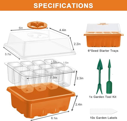 GooingTop Seed Starter Tray, 6 Pack 72 Cells Plant Grow Kit with Adjustable Humidity Vent for Mini Greenhouse Garden Germination,Bonsai Seedlings Starting Growing