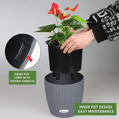 Dexceder 9x8 Inches Rattan Self Watering Planter Indoor Outdoor, Inner Pot Design, Thickened Table Flower Plant Pot with Water Level Indicator (Deep Gray)