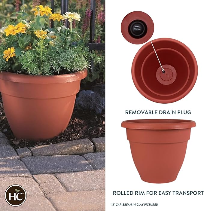 The HC Companies Caribbean Planter Pot - Outdoor & Indoor Plant Pot with Drainage Hole & Plug - Rolled Rim Plastic Pots for Plants & Flowers - Decorative Plant Pot (16" Clay, Pack of 2)
