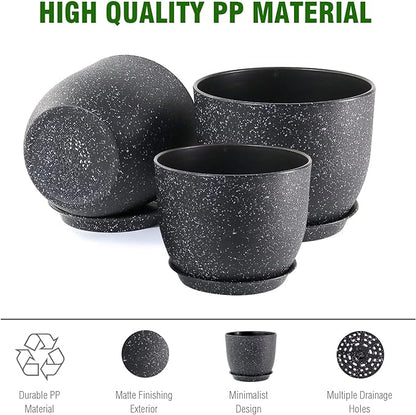 Large Flower Pots 12/10/9 inch, Set of 3 Modern Decorative Plastic Planters with Drainage Holes and Saucers for Garden House Plants, Plant Pots for Indoor Outdoor Plants, Speckled White