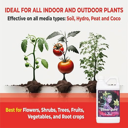 Bloom Fertilizer - Perfect Liquid Fertilizer for Outdoor Plants and Exceptional Liquid Plant Fertilizer Indoor Potted Plants. Soil and Hydroponic Nutrient Solution, Bloom Spirit 0-5-4 1.32 Gallon