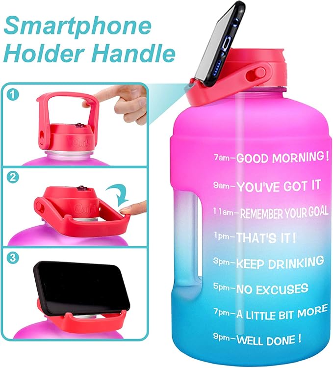QuiFit Half Gallon Water Bottle - with Straw & Motivational Time Marker Leak-Proof BPA Free Reusable Gym Sports Outdoor Large(73OZ) Capacity Water Jug(Pink/Blue Gradient,Half Gallon)