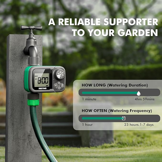 RESTMO Sprinkler Timer, Water Timer for Garden Hose, Outdoor Faucet, Lawn Watering, Automatic Control, Manual Watering, Ball Valve System Compatible with Rain Barrel, Zero/Low Water Pressure Watering