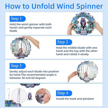 Wind Spinners Outdoor, FACIACC Owl Metal 3D Hanging Garden Decor, 12-inch Stainless Steel Wind Spinner with Tail Spinner, Wind Sculptures for Indoor Patio Lawn Yard, Ornament Gift for Women/Men