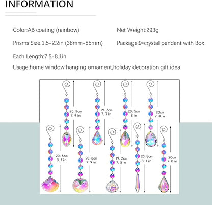 HDCRYSTALGIFTS 9 Pack Iridescent Sun Catchers with Crystals,Rainbow Maker Crystal Suncatchers for Window Hanging Colored Glass Wind Chimes Prism Pendant Suncatcher Beads for Decoration