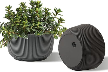 T4U 10 Inch Self Watering Planters, Plant Pots for Indoor and Outdoor Use, Home Decor Flower Pots, Plastic Planters with Drainage Hole & Plug for Plants, Flowers, Cactus, Garden, Set of 2, Gray