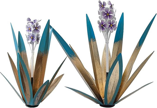 Metal Agave Plant Garden Art, 2 Pack Tequila Rustic Sculpture, Rustic Metal Agave Plants Lawn Home Ornaments, for Yard Stakes, Garden Figurines, Outdoor Patio (2 PCS Purple Flowers)