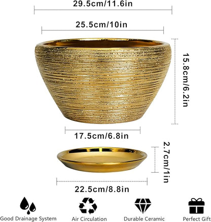 Ceramic Planter 11 Inch - Indoor Plant Pot with Drainage Hole and Saucer Large Planter for Outdoor Plants Mid-Century Decorative Flower Pot for Home Decor Gold