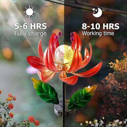 Solar Lights Outdoor Wind Spinners, Metal Lotus Flower Garden Decor with Waterproof LED Crackle Glass Globe for Patio Lawn Yard Outdoor Decor
