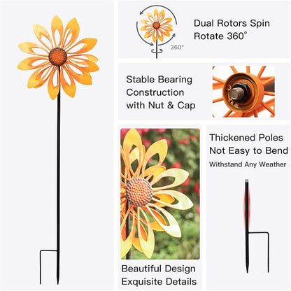 Birthday Gifts for Women Floral Yard Garden Wind Spinners - Large Outdoor Metal Wind Spinners with Vane, Lawn Yard Art Garden Decor (Sunflower)