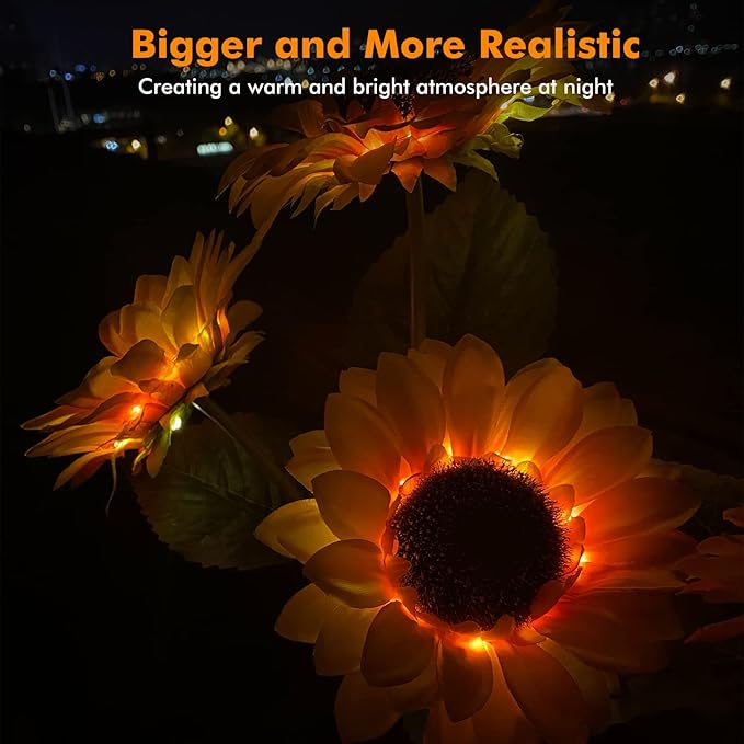 Solar Sunflower Lights, 800mA Solar Garden Light with Real Looking Flowers Outdoor Waterproof Solar Stake Lights for Back Yard, Flower Bed, Pathway, Patio, Porch, Fall Decoration (4 Pack)