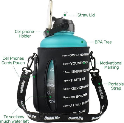 QuiFit 1 Gallon Water Bottle - with Straw & Motivational Time Marker Leak-Proof BPA Free Reusable Gym Sports Outdoor Large(128OZ) Capacity Water Jug(Green/Black with Sleeve,1 Gallon)