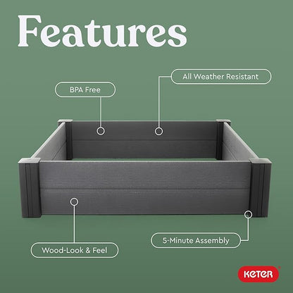 Keter 48" X 48" inches Wood Look Raised Garden Bed, Durable Outdoor Herb Garden Planter for Vegetables, Flowers, and Succulents, Grey