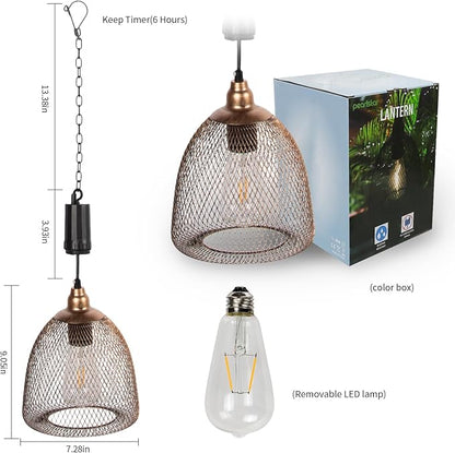 Battery Operated Hanging Light with 6 Hours Timer-Outdoor Indoor Pendant Chandelier Waterproof Lamp Lantern for Gazebo Porch Garden Patio Decorative Metal Warm White Bulb（Brown）