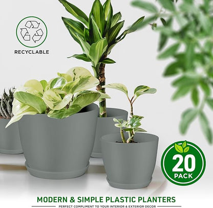 Planter Pots with Drainage Holes - Lightweight, Durable & Space-Saving Pots for Indoor and Outdoor - Versatile Functionality, Simple Modern Design, Set of 20 Plastic Planter Pots - Gray