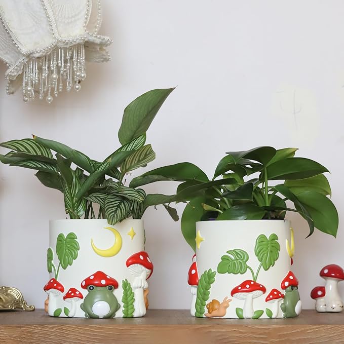 GUGUGO Frog Garden Planters, Cute Unique Plant Pot with Drainage, Rainbow Colorful Small Mushroom Flower Planters Pots for Indoor Plants, Funny Succulent Gardening Pot Gifts Home Décor (C, 5Inch)
