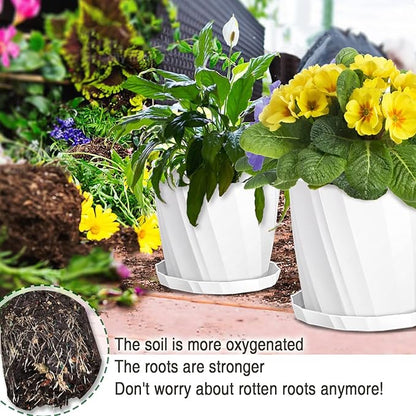 8 Inch Plant Pots with Drainage Holes and Saucers - Flower Pots for Indoor Plants - White Plastic Planters for Outdoor Plants - House Planting Pots Set