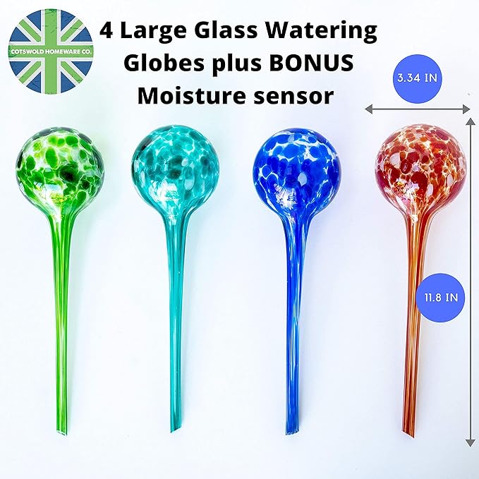 4 Large Plant Watering Globes - Plant Watering Devices - Plant Watering Bulbs - Self Watering Spikes - Self Watering Planter Insert - Hand Blown Glass - Free Moisture Meter by Cotswold Homeware