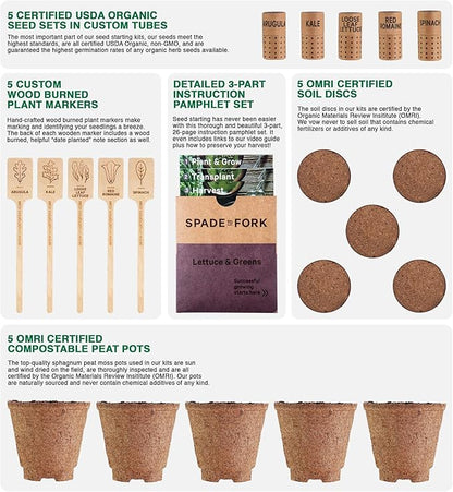 Organic Indoor Lettuce & Greens Garden Starter Kit - Certified USDA Organic Non GMO - Includes Spinach, Kale, Red Romaine, Loose Leaf Lettuce Seeds for Planting, Potting Soil, Peat Pots