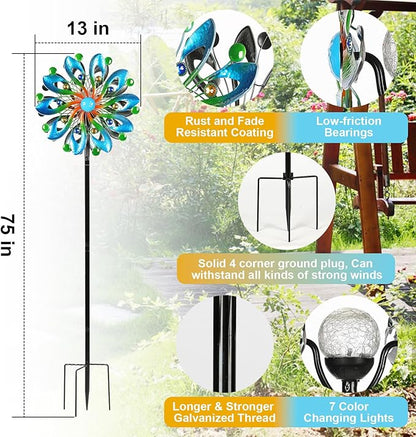 Wind Spinners for Yard and Garden-Wind Sculptures & Spinners 75 in Garden Kinetic Art with Solar Powered Multi-Color Glass Ball Light for Yard Garden Backyard Lawn Decorations