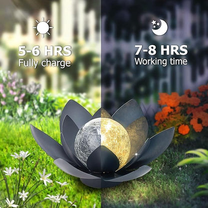 Huaxu Solar Lights Outdoor Garden Decor Crackle Glass Globe Lotus Flower Gray Metal Waterproof Light for Patio, Lawn, Walkway, Tabletop, Ground,Christmas Gifts for Mom,Women