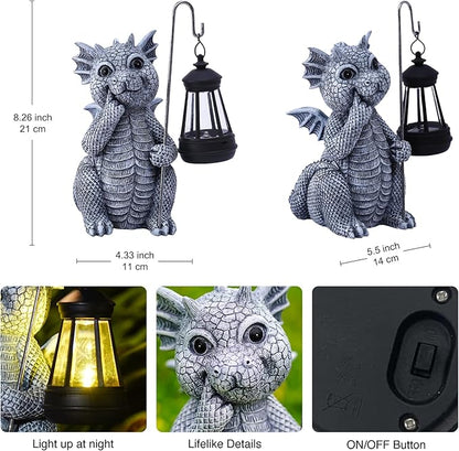 Goodeco Dragon Garden Statue Outdoor with Solar Lantern - Resin Dragon Decor for Garden, Patio, and Yard - 8.3 inches Dragon Gifts & Decorations (Dragon)