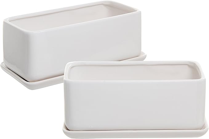 MyGift 14 Inch Modern Unglazed White Ceramic Indoor Plant Pot with Drainage Hole, Rectangular Succulent Planter Window Box with Removable Saucer, White (10 inch - 2 Pack)