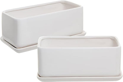 MyGift 14 Inch Modern Unglazed White Ceramic Indoor Plant Pot with Drainage Hole, Rectangular Succulent Planter Window Box with Removable Saucer, White (10 inch - 2 Pack)