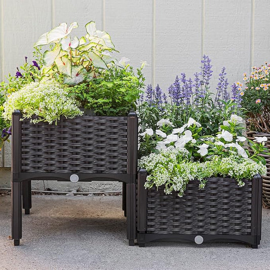 Barton 2 Pieces Raised Garden Bed Brown Plastic w/Self-Watering Design Outdoor Elevated Planter Box Kit Wheels Mobile