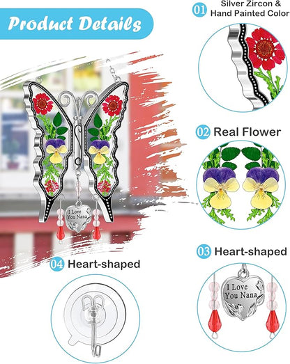 KY&BOSAM Butterfly Suncatcher I Love You Nana Gifts Stain Glass Suncatchers for Window Hanging Wind Chime Pressed Real Flower and Heart Charm Birthday Gift for Nana Mother`s Day Valentine`s Christmas