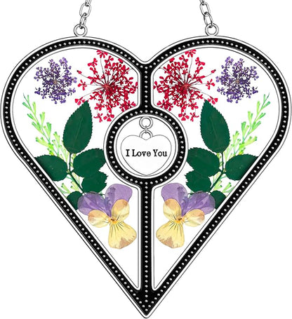 KY&BOSAM Heart Suncatcher I Love You Glass Panels for Window Hangings Wind Chime with Pressed Flower Heart Embedded in Glass Mom Gifts Birthday Gifts for Women Mother`s Day Valentine`s Christmas Decor