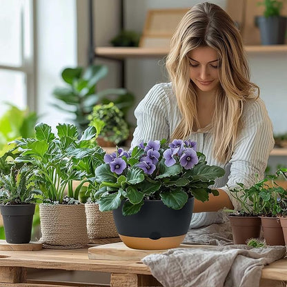 8 Inch Pots for Indoor Plants, Self Watering Planters with Drainage and Saucers, Plastic Outdoor Flower Pot, Set of 2, Grey