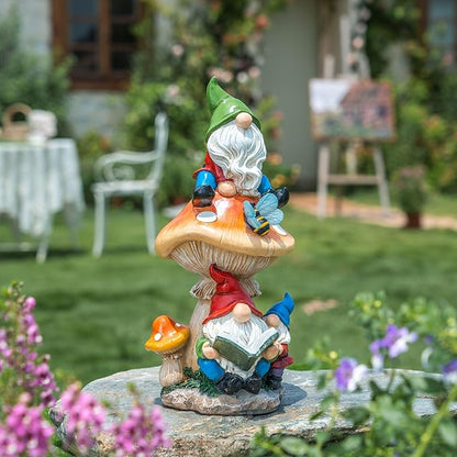 TERESA'S COLLECTIONS Garden Gnomes Statues Decorations for Yard with Solar Lights, Resin Sculptures& Statues on Mushroom Reading Garden Outdoor for Patio Lawn Ornaments,Ideal Gifts for Mom, 12.6"