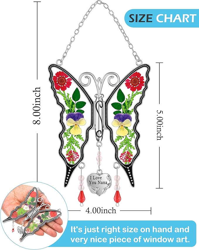 KY&BOSAM Butterfly Suncatcher I Love You Nana Gifts Stain Glass Suncatchers for Window Hanging Wind Chime Pressed Real Flower and Heart Charm Birthday Gift for Nana Mother`s Day Valentine`s Christmas