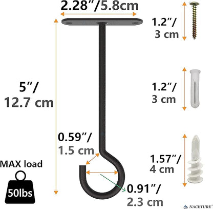 NACETURE Ceiling Hooks Heavy Duty 6 Pack - Plant Hooks for Ceiling Hanging Hook for Hanging Basket Hook, Light, Bird Feeders, Wind Chimes Décor Indoor & Outdoor (5" Black 6 Pack)