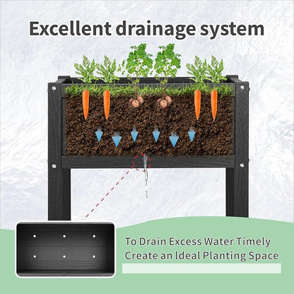 Raised Garden Bed with Drainage Hole Waterproof HDPE Elevated Planter Box with Legs Stable and Durable to Plant Herb Vegetable Flower,Patio,Balcony Outdoors/Indoors Black