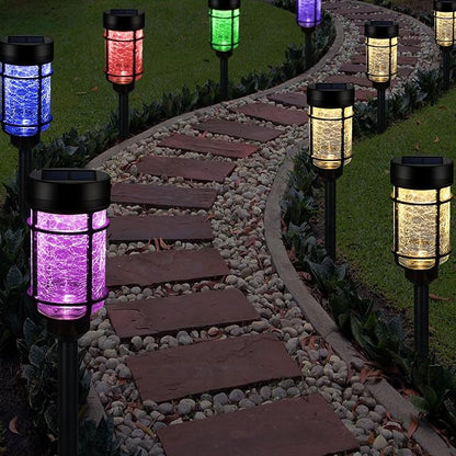 Solar Pathway Lights 2 Pack, Color Changing+Warm White LED Solar Lights Outdoor, Waterproof Lighted Crackle Glass Stake for Garden Path Walkway Backyard Lawn Landscape Decoration