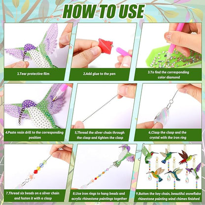 Tradder 6 Pcs Diamond Art Kits 5d Rhinestone Painting Wind Chimes Art Sun Catchers Double Sided Hummingbird Birds Art Kits with Crystal Pendant for Adults Home Window Decor Garden