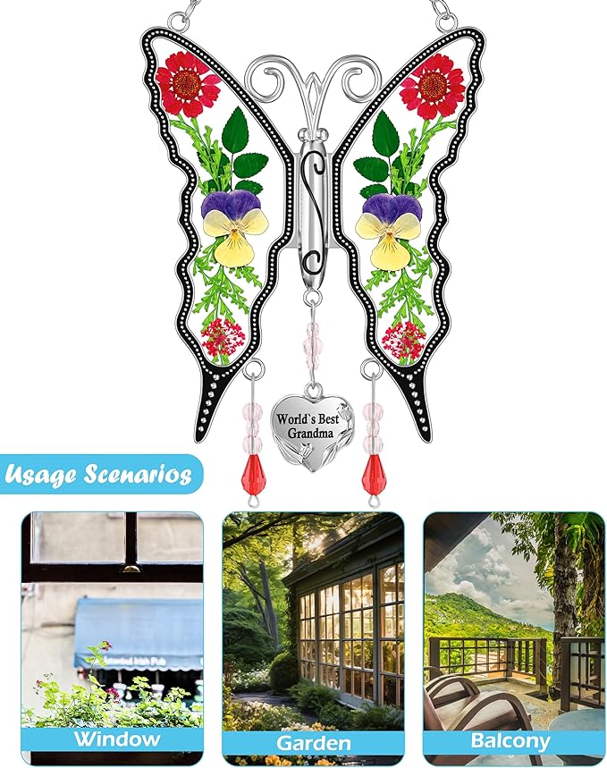 KY&BOSAM New Butterfly Suncatcher Stain Glass World`s Best Grandma Butterfly Suncatcher Hanging for Window Wind Chime Gifts for Grandma Mother`s Day Valentine's Birthday Christmas Thanksgiving