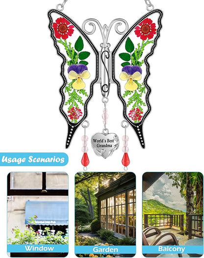KY&BOSAM New Butterfly Suncatcher Stain Glass World`s Best Grandma Butterfly Suncatcher Hanging for Window Wind Chime Gifts for Grandma Mother`s Day Valentine's Birthday Christmas Thanksgiving