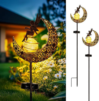 Fairy Moon Solar Lights Outdoor Garden Stakes, Waterproof Metal Decor Gifts for Women Mom, Art Moon Sculpture for Yard, Patio, Garden, Porch, 2 Pack