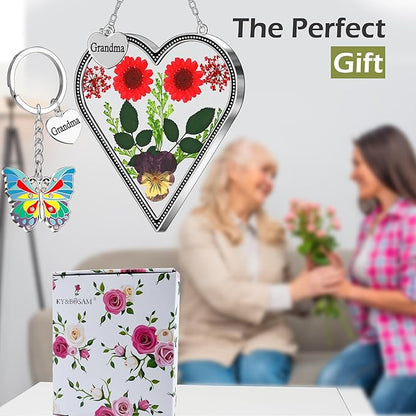 KY&BOSAM Heart Suncatcher Grandma Gifts Glass Butterfly Suncatchers for Window Pressed Flower Between Heart in Glass Metal Engraved Charm Gift for Women Mother's Day Valentine's Birthday Christmas