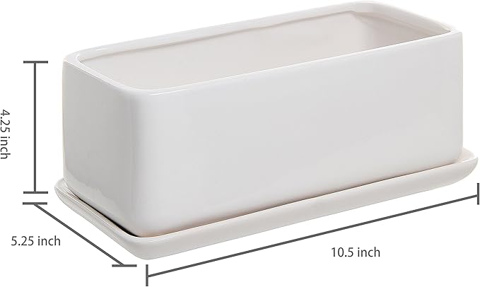 MyGift 14 Inch Modern Unglazed White Ceramic Indoor Plant Pot with Drainage Hole, Rectangular Succulent Planter Window Box with Removable Saucer, White (10 inch - 2 Pack)