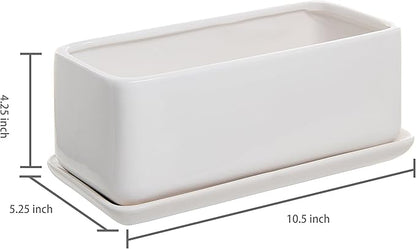 MyGift 14 Inch Modern Unglazed White Ceramic Indoor Plant Pot with Drainage Hole, Rectangular Succulent Planter Window Box with Removable Saucer, White (10 inch - 2 Pack)